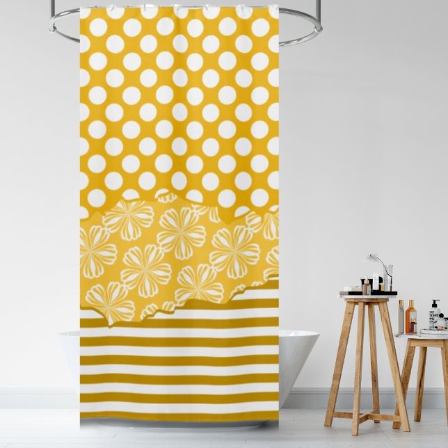 Rideaux De Douche Joyeuses Grandes Polka Florale Dot Couché Jaune (Joyful Stripes Floral Polka Dot Layered Yellow Shower Curtain)