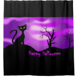 Rideaux De Douche Joyeux Halloween Chat noir violet