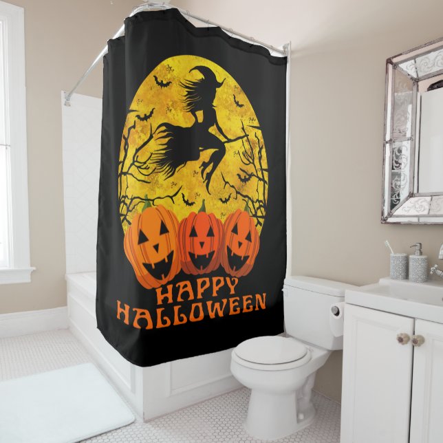 Rideaux De Douche Joyeux Halloween Sorcière sur un balai  (En situation)