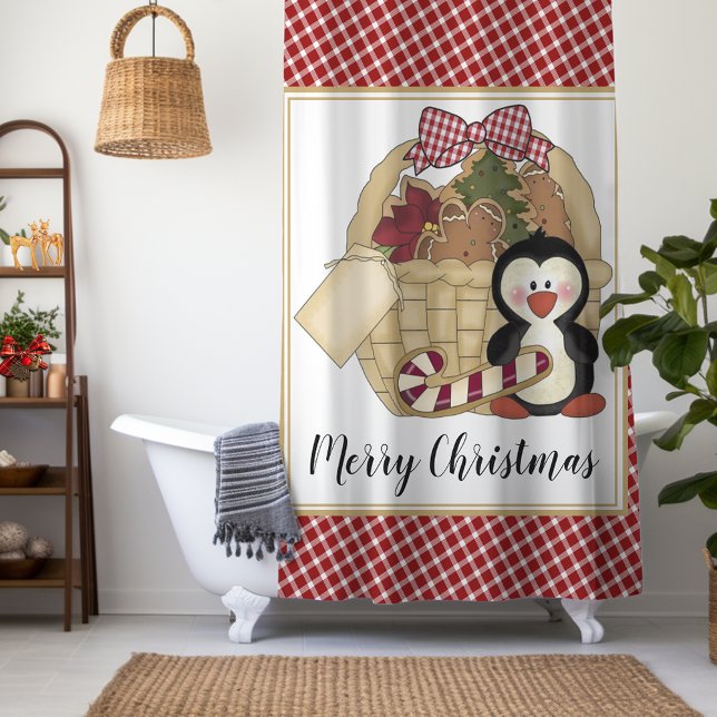 Rideaux De Douche Joyeux Noël mignon pingouin rétro Panier de vacanc (Créateur téléchargé)