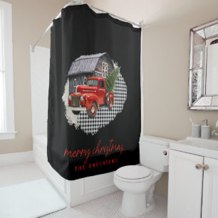 Rideaux De Douche Joyeux Noël Rouge Camion Vintage Nom de famille