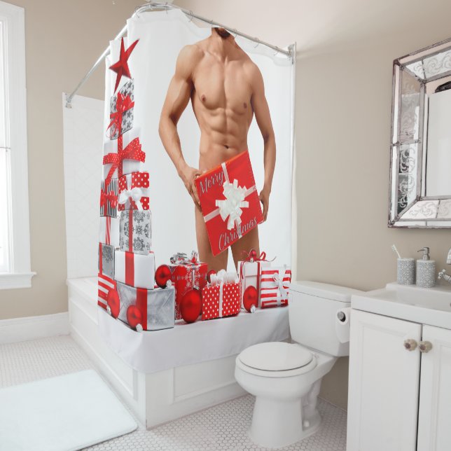 Rideaux De Douche Joyeux Noël SlipperyJoe cadeau blanc rouge argent (En situation)