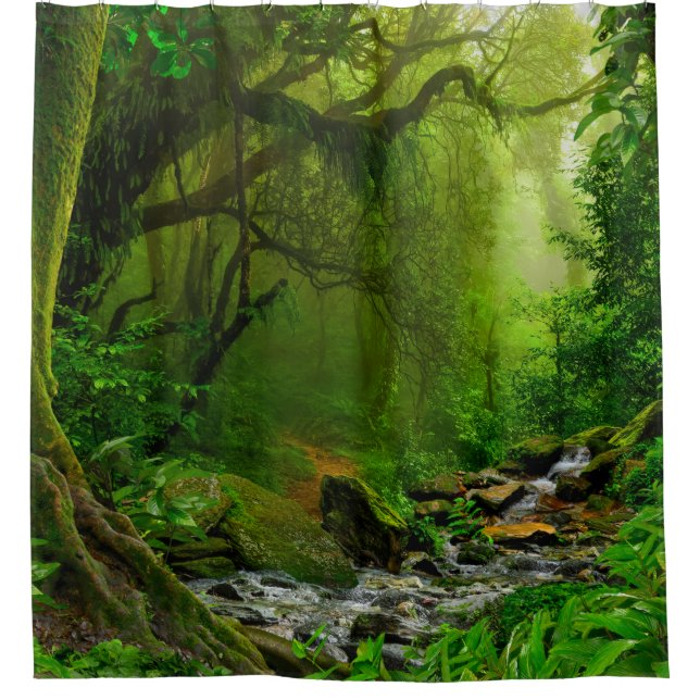 Rideaux De Douche jungle népalaise avec rivière, forêt, sol, rivière (Devant)
