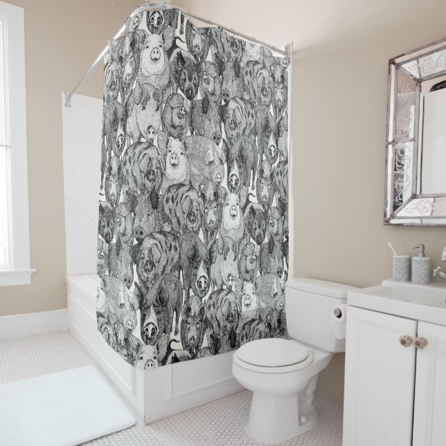 Rideaux De Douche juste des cochons noirs demi-perle (En situation)