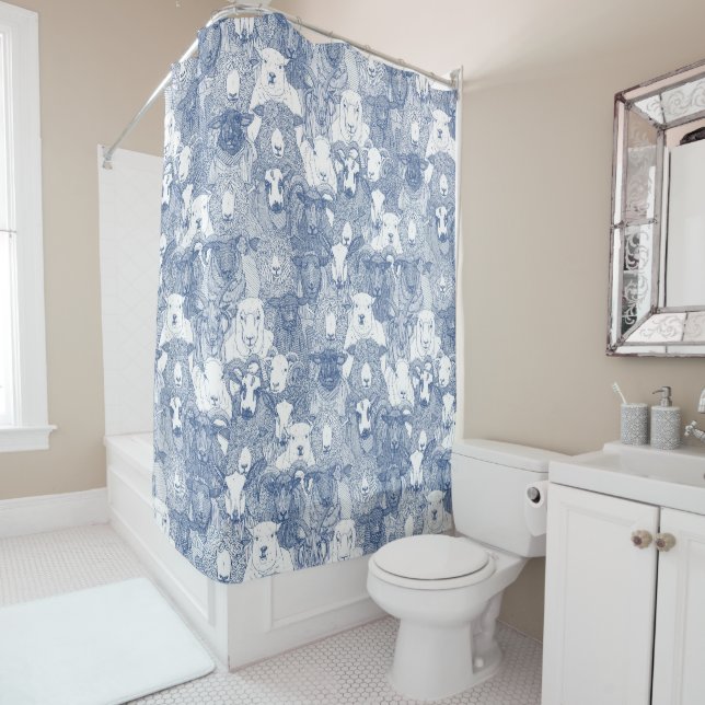 Rideaux De Douche juste mouton classique bleu blanc (En situation)