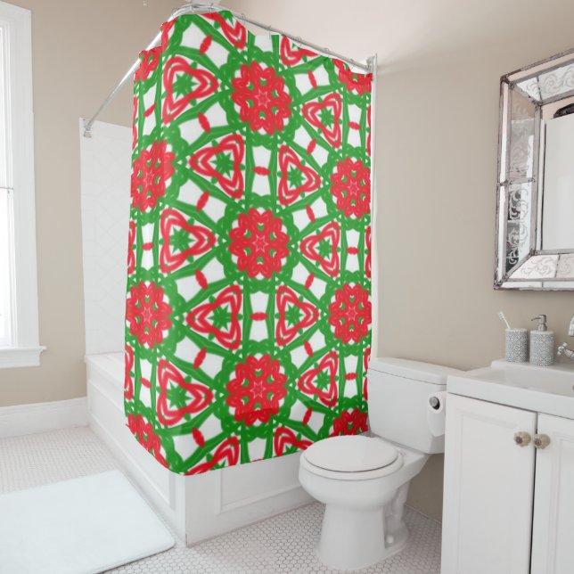 Rideaux De Douche Kaleidoscope rouge, vert et blanc (En situation)