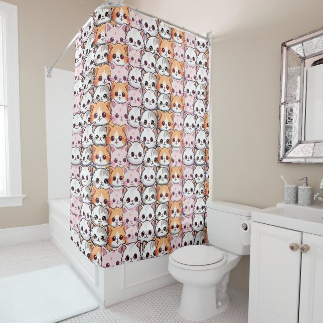 Rideaux De Douche Kawaii Chat félin Kitten visage animal de compagni (En situation)
