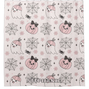Rideaux De Douche Kawaii Motif d'Halloween rose avec Ghost, Citrouil
