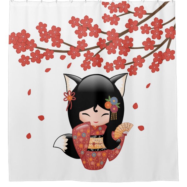Rideaux De Douche Kitsune Kokeshi Doll Black Fox Geisha Girl Red (Devant)