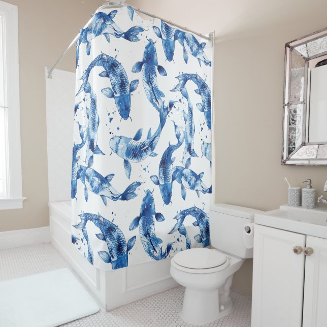 Rideaux De Douche Koi Indigo Shibori motif (En situation)