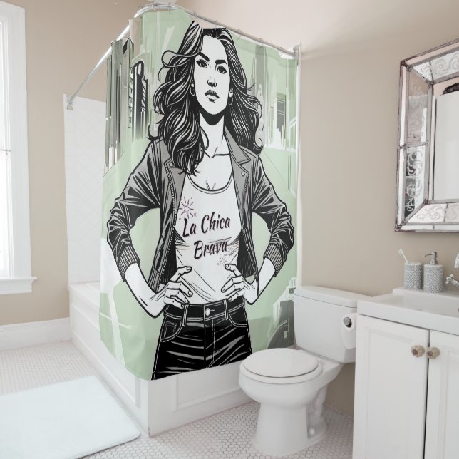 RIDEAUX DE DOUCHE "LA CHICA BRAVA DEFIANT" AVEC TEE (En situation)