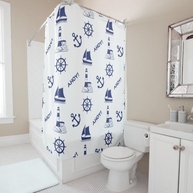 Rideaux De Douche La Voile Illustration Big Ptn Navy Bleu+Transparen (En situation)