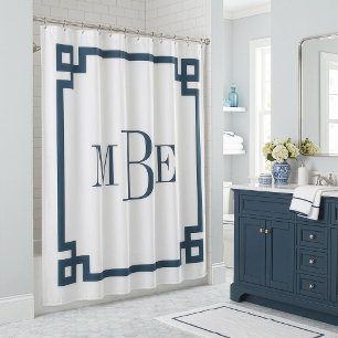 Rideaux De Douche Lac Bleu et Clé Grecque Blanche Monogrammé