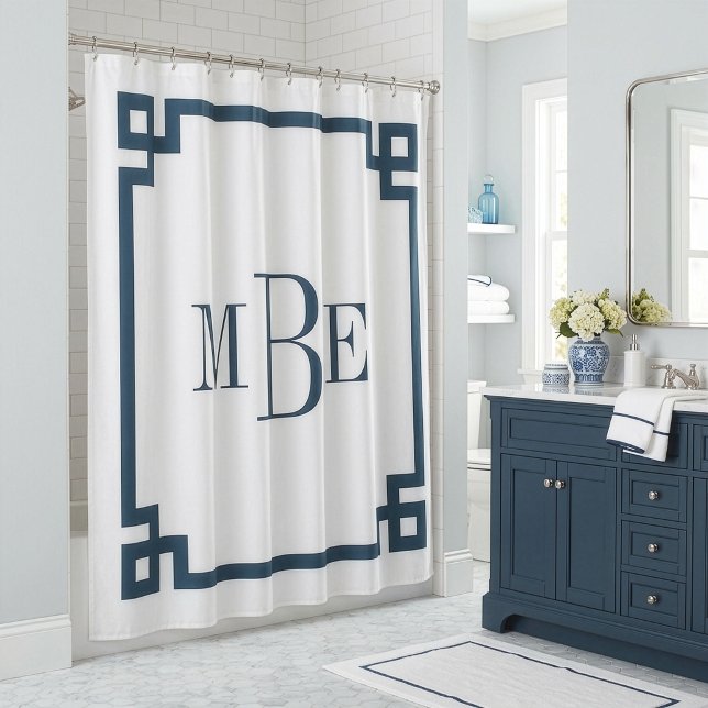 Rideaux De Douche Lac Bleu et Clé Grecque Blanche | Monogrammé (Créateur téléchargé)