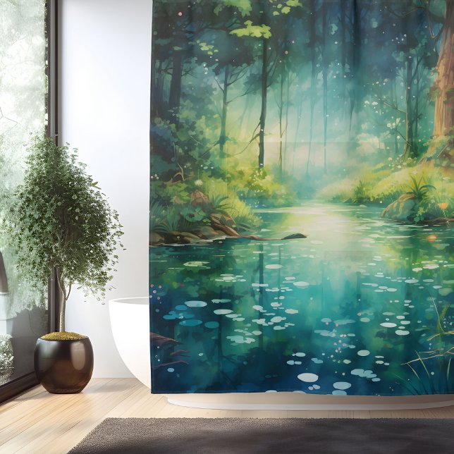 Rideaux De Douche Lac de la forêt enchantée à l'aquarelle (Créateur téléchargé)