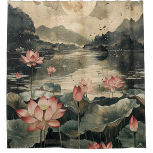 Rideaux De Douche Lac de lotus au clair de lune (1)