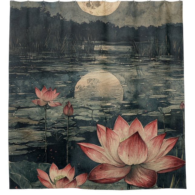 Rideaux De Douche Lac de lotus au clair de lune (4) (Devant)