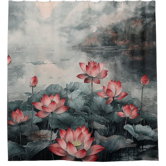 Rideaux De Douche Lac de lotus au clair de lune (5) (Devant)