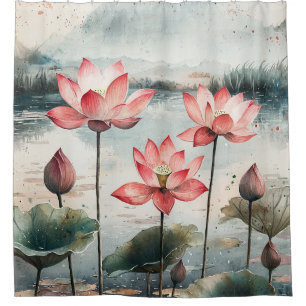 Rideaux De Douche Lac de lotus au clair de lune (7)