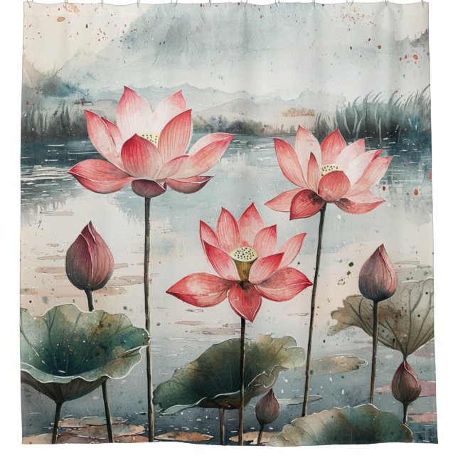 Rideaux De Douche Lac de lotus au clair de lune (7) (Devant)