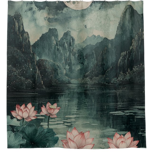 Rideaux De Douche Lac de lotus au clair de lune (8) (Devant)