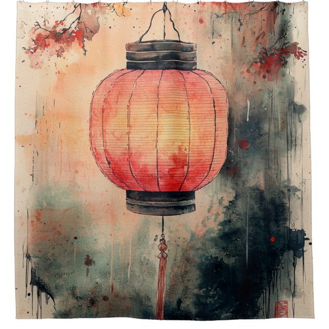 Rideaux De Douche Lanterne d'automne Sumi-E Aquarelle (Devant)