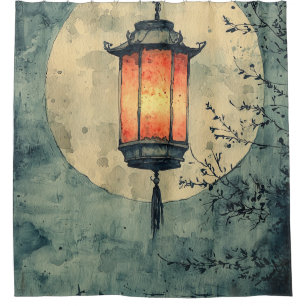Rideaux De Douche Lanterne éclairée par la lune Sumi-E Aquarelle (1)