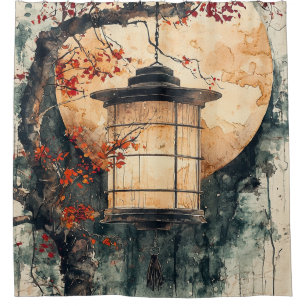 Rideaux De Douche Lanterne éclairée par la lune Sumi-E Aquarelle (2)
