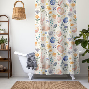 Rideaux De Douche Lapin Fleurs Œufs Pastel Aquarelle Intemporel