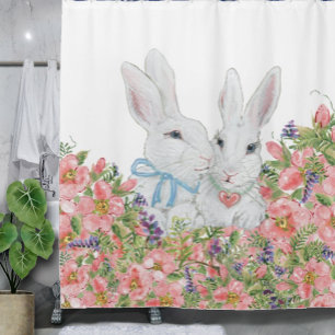 Rideaux De Douche Lapins De Lapin Blanche, De Fleurs Roses Pastel