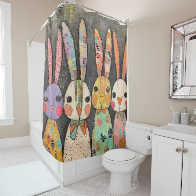 Rideaux De Douche Lapins de Pâques fantaisistes en patchwork (En situation)