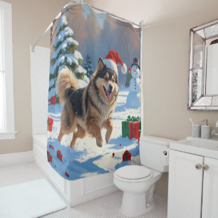 Rideaux De Douche Lapphund finnois courant dans la neige avec un cha