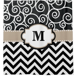 Rideaux De Douche Le beige noir tourbillonne monogramme de Chevron