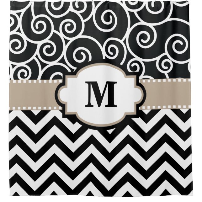 Rideaux De Douche Le beige noir tourbillonne monogramme de Chevron (Devant)