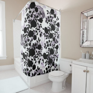 Rideaux De Douche Le blanc noir rougissent lavande Toile floral