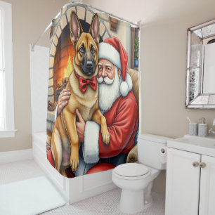 Rideaux De Douche Le Père Noël tenant l'art de Noël du Malinois belg