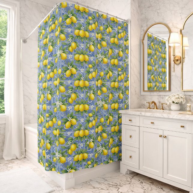 Rideaux De Douche Lemon Blue French Country Watercolor Tile  (Créateur téléchargé)