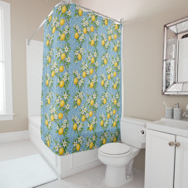Rideaux De Douche Lemon Watercolor Blue Mediterranean Tile Pattern (En situation)