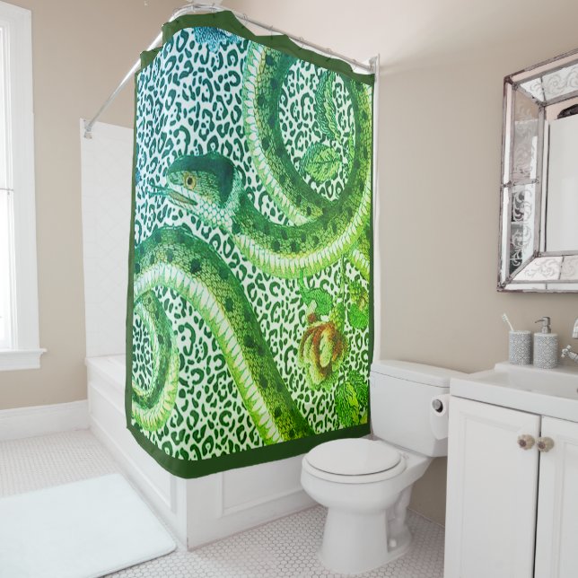 RIDEAUX DE DOUCHE LEOPARD SNAKE EN VERT (En situation)