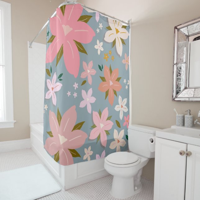 Rideaux De Douche Les Fleurs 06 Fleur Motif Floral Bleu Et Blush (En situation)