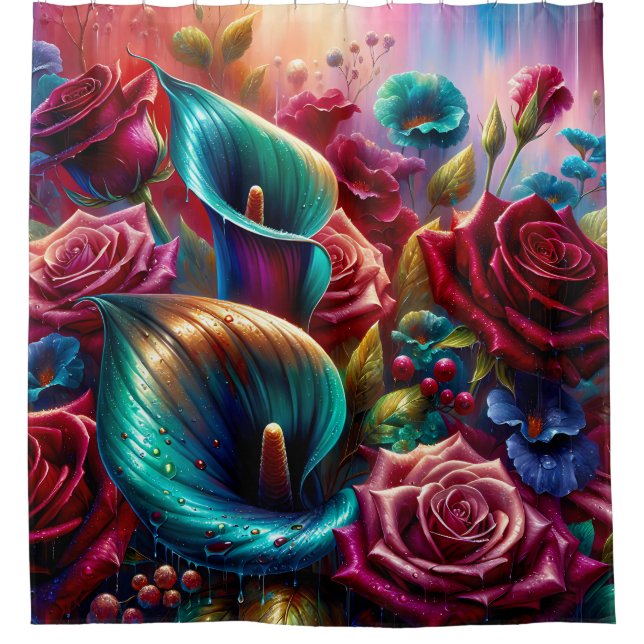 Rideaux De Douche "Les gouttes de pluie sur les Roses et Calla Lilie (Devant)