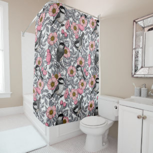 Rideaux De Douche Les poulets dans la nature rose, rose et gris