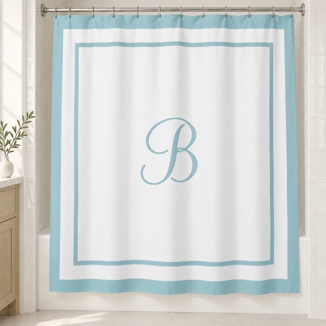Rideaux De Douche Lettre de monogramme de bordure de script bleu aqu (Créateur téléchargé)