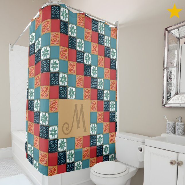 Rideaux De Douche Lettre initiale de monogramme de carreaux azulejos (Créateur téléchargé)