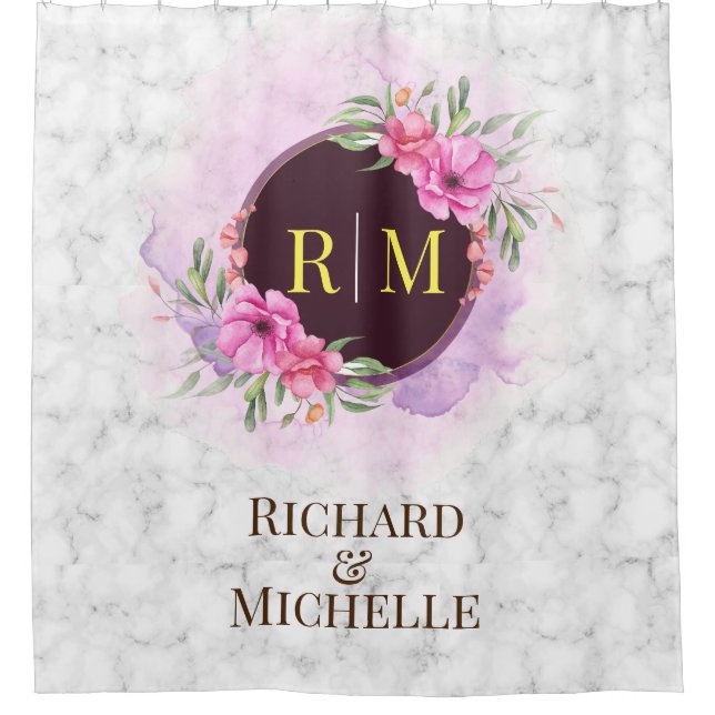 Rideaux De Douche Lettre initiale florale de couronne Monogramme Nom (Devant)