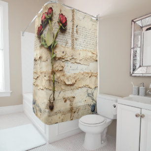 Rideaux De Douche Lettre vintage d'amour parchemin avec fleurs (2)