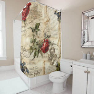 Rideaux De Douche Lettre vintage d'amour parchemin avec fleurs (9)