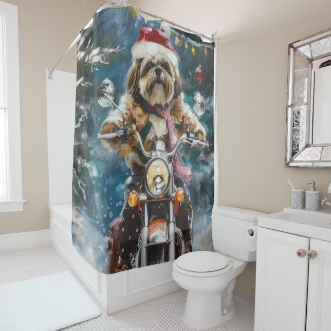 Rideaux De Douche Lhasa Apso Chien à Moto Noël  (En situation)
