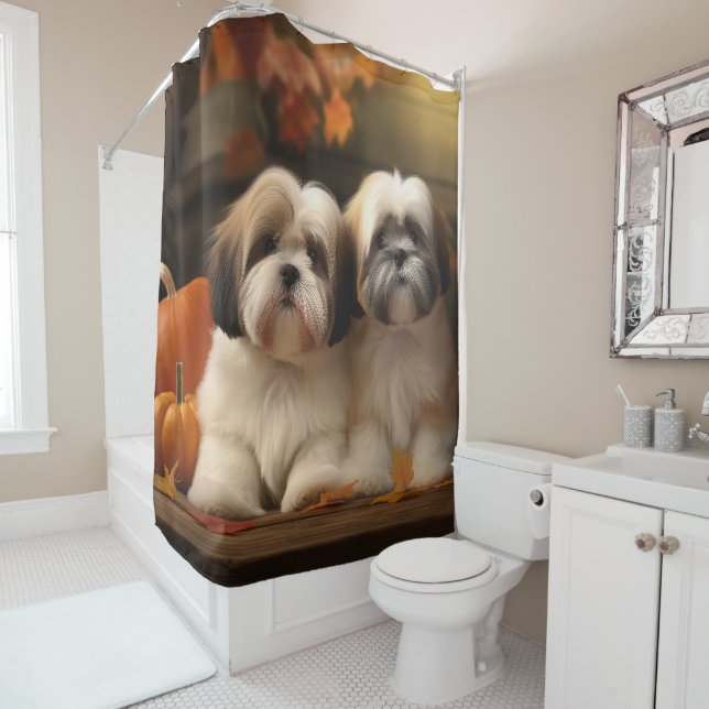 Rideaux De Douche Lhasa Apso Chiot Automne Citrouille de plaisir (En situation)