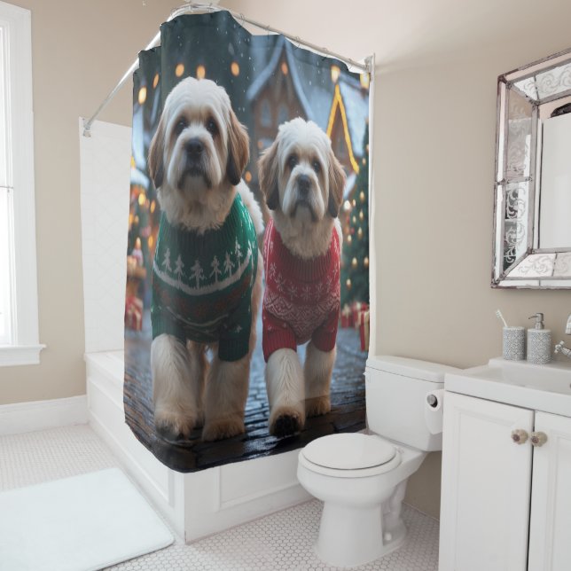 Rideaux De Douche Lhasa Apso Dogs Christmas Snow Holiday (En situation)